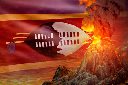 high volcano eruption at night with explosion on Swaziland flag background, problems of disaster and volcanic ash concept - 3D illustration of natureの写真素材