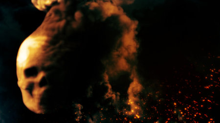 Burning orange skull with fire fire backdrop with free place - war concept - abstract 3D illustrationの写真素材