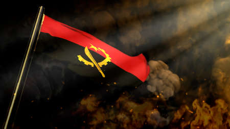 bokeh Angola flag on smoke with sun beams background - disaster concept - abstract 3D illustrationの写真素材