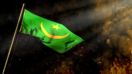 defocused Mauritania flag on smoke with sun rays bg - problem concept - abstract 3D illustrationの写真素材