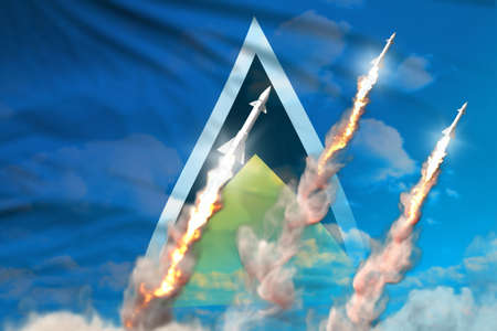 Saint Lucia nuclear missile launch - modern strategic nuclear rocket weapons concept on blue sky...