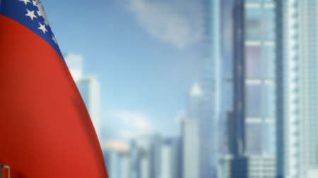 flag of Myanmar on modern city architecture bokeh backdrop for veterans day - abstract 3D rendering