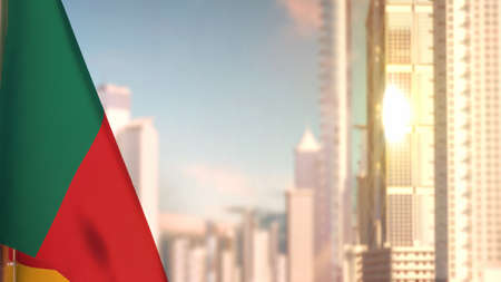 flag of Cameroon on city skyscrapers buildings vanilla sunrise bg for independence day - abstract 3D illustrationの写真素材