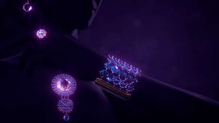 defocused Jewelry backdrop - goldish chaplet ring wristlet and earring with blue gemstones, fictive - abstract 3D illustrationの写真素材