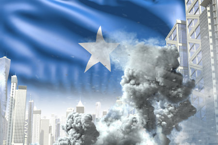 large smoke pillar in abstract city - concept of industrial accident or terroristic act on Somalia flag background, industrial 3D illustrationの写真素材