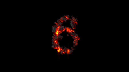 number 6 made of very hot fire rocks on black, isolated - object 3D renderingの写真素材