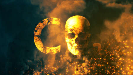 Text co2 with man skull on bg with fire fire and smoke - abstract 3D illustrationの写真素材