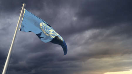 beautiful United Nations (UN) flag on massive dark clouds background - abstract 3D illustration