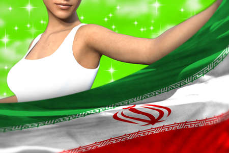 sexy lady is holding Iran flag in front of her on the green colorful clouds - flag concept 3d illustrationの写真素材