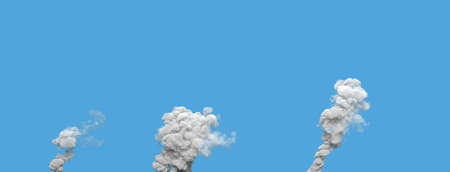 3 gray toxic smoke columns from masut power plant on blue, isolated - industrial 3D illustration