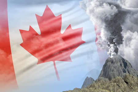 conical volcano blast eruption at day time with white smoke on Canada flag background, problems of eruption and volcanic earthquake conceptual 3D illustration of natureの写真素材