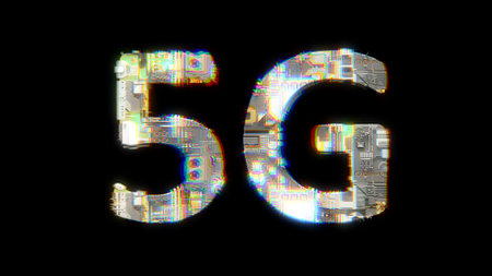 glitch and chromatic aberrance cybernetical text 5G on black, isolated - object 3D rendering