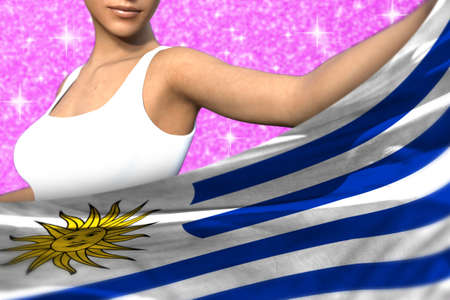 beautiful woman is holding Uruguay flag in front of her on the pink shining sparks background - flag concept 3d illustrationの写真素材