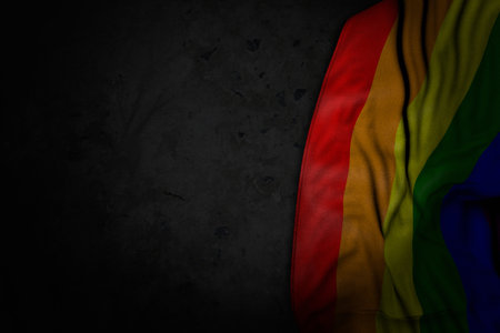 nice feast flag 3d illustration - dark image of Gay Pride flag with big folds on black stone with free space for your contentの写真素材