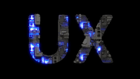 modern cybernetical text UX shining blue electrical light, isolated - object 3D illustration