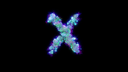 abstract dichroic font - blue letter X on black backdrop, isolated - object 3D rendering