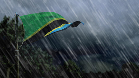 flag of Tanzania with rain and dark clouds, squall wind forecast symbol - nature 3D illustrationの写真素材