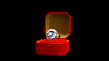 Red - goldish opened bijouterie giftbox with diamond wedding ring on black, isolated, fictive -...
