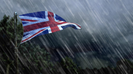 flag of United Kingdom (UK) with rain and dark clouds, rainfall forecast symbol - nature 3D renderingの写真素材