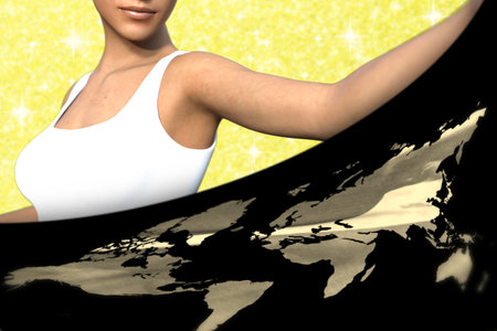 beautiful girl is holding World flag in front of her on the yellow shining sparks background - flag concept 3d illustrationの写真素材