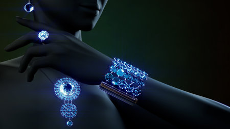 jewelry set - golden necklace ring bracelet and shackle with blue gemstones, fictional - object 3D renderingの写真素材