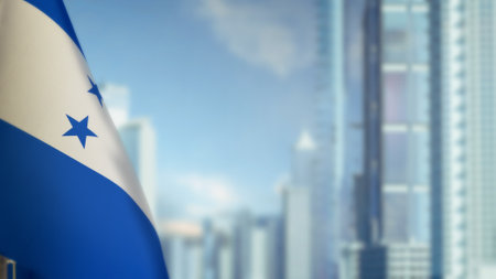 flag of Honduras on modern city architecture bokeh backdrop for day of the flag - abstract 3D renderingの写真素材