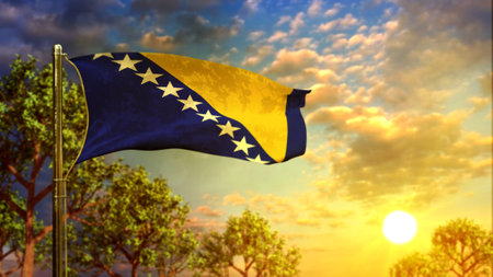 waving flag of Bosnia and Herzegovina at sundown for independence day - abstract 3D renderingの写真素材