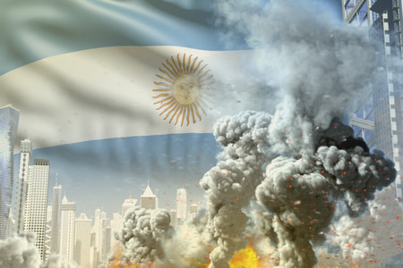 big smoke pillar with fire in the modern city - concept of industrial blast or act of terror on Argentina flag background, industrial 3D illustrationの写真素材