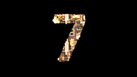 number 7, grunge black and yellow scrap metal cyberpunk font, isolated - object 3D illustrationの写真素材