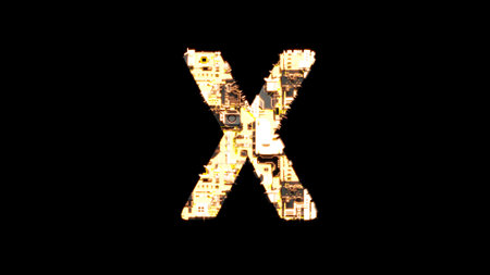 letter X, distressed black and yellow scrap metal cyber punk font, isolated - object 3D illustrationの写真素材