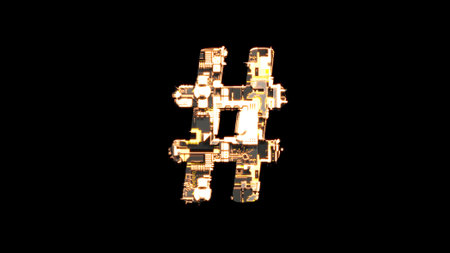 , distressed black and yellow metal scrap cyber punk alphabet, isolated - object 3D illustrationの写真素材