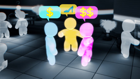 game or metaverse avatars talking and trading goods on-line - industrial 3D rendering