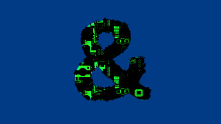 ampersand - hi-tech cyberpunk black and green alphabet on blue, isolated - object 3D illustration