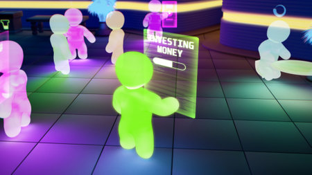 metaverse avatar is investing funds on-line with virtual screen - industrial 3D illustrationの写真素材