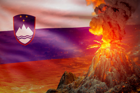 big volcano blast eruption at night with explosion on Slovenia flag background, suffer from eruption and volcanic earthquake conceptual 3D illustration of natureの写真素材