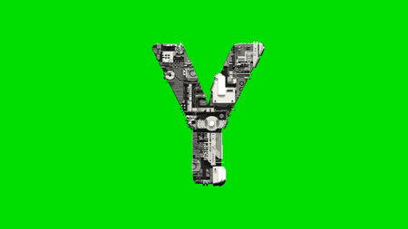 letter Y, silver cyber scrap metal digital alphabet on green, isolated - object 3D illustrationの写真素材