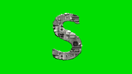 letter S, silver cyber metal scrap digital font on green, isolated - object 3D illustrationの写真素材