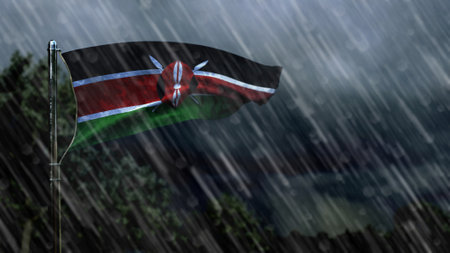 flag of Kenya with rain and dark clouds, hurricane forecast symbol - nature 3D illustrationの写真素材