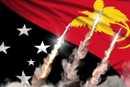Modern strategic rocket forces concept on flag fabric background, Papua New Guinea nuclear warhead attack - military industrial 3D illustration, nuke with flagの写真素材