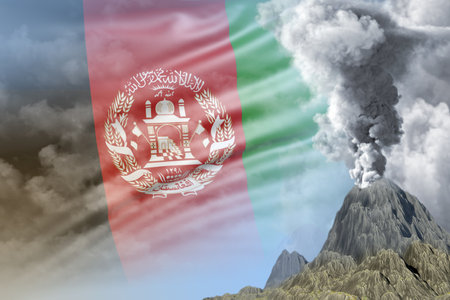 conical volcano blast eruption at day time with white smoke on Afghanistan flag background, problems of disaster and volcanic earthquake conceptual 3D illustration of natureの写真素材