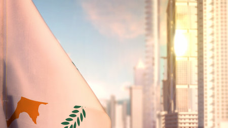flag of Cyprus on city skyscrapers buildings vanilla sunset bg for memorial day - abstract 3D renderingの写真素材