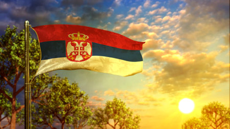 waving flag of Serbia at sundown for state holiday - abstract 3D illustrationの写真素材