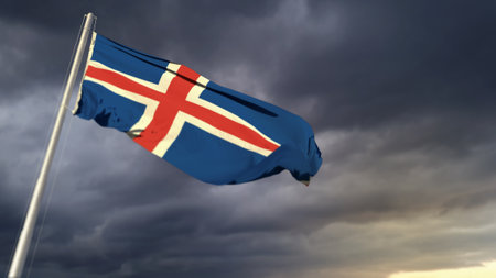 cute Iceland flag on massive dark clouds background - abstract 3D renderingの写真素材