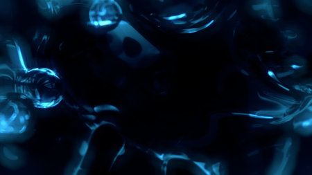 electrical blue shining transpicuous liquid metaspheres on black - abstract 3D illustrationの写真素材