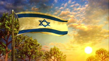 waving flag of Israel at sunrise for national holiday - abstract 3D renderingの写真素材