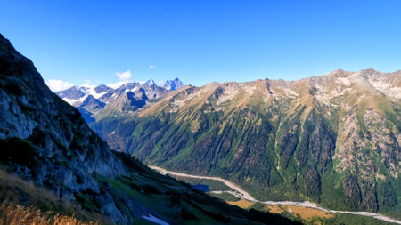 mountainscape, image of Arkhyz mountain ridge at autumn with blue sky - photo of natureの写真素材