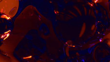 orange shining transparent liquid metaspheres on black bg - abstract 3D rendering