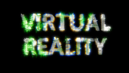green cybernetic text VIRTUAL REALITY with noise distortion, isolated - object 3D illustrationの写真素材