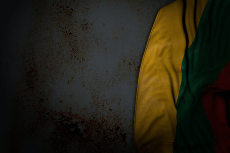beautiful dark illustration of Lithuania flag with big folds on rusty metal with empty space for your text - any celebration flag 3d illustrationの写真素材