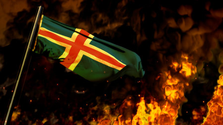 flag of Iceland on burning fire backdrop - hard times concept - abstract 3D rendering